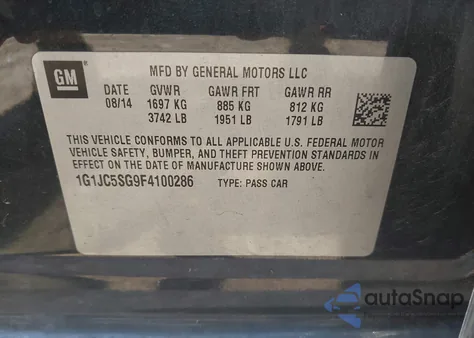 2015 Chevrolet Sonic Lt Auto из США, поврежденный, VIN 1G1JC5SG9F4100286